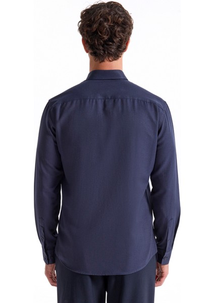 Slim Fit Düğmeli Yaka Armürlü Lacivert Erkek Gömlek Maydos-Y 401 indirimleri
