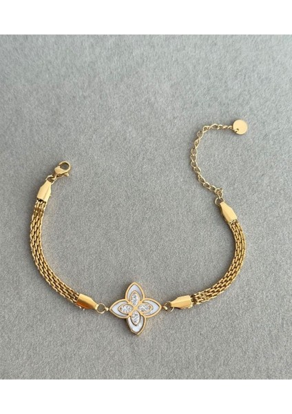 Çelik Gold Hasır Beyaz Yonca Hediyelik Bileklik