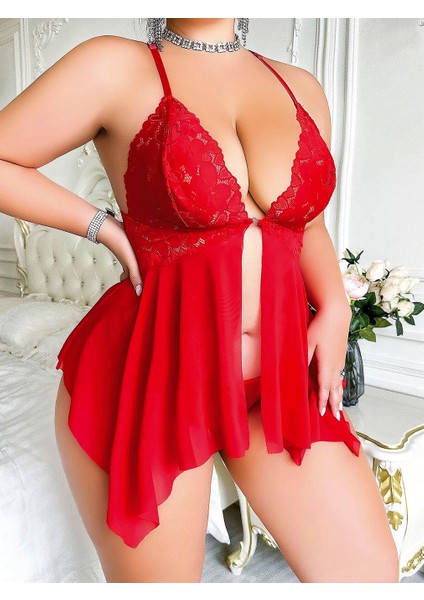 Büyük Beden Kırmızı Tül Detay Gecelik Takımı