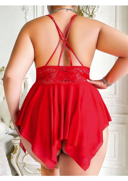 Büyük Beden Kırmızı Tül Detay Gecelik Takımı fiyatları