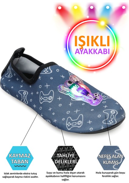 Işıklı Futbol Figürlü Kaymaz Tabanlı Esnek Hafif Dayanıklı Çocuk Havuz Plaj Deniz Ayakkabısı modelleri