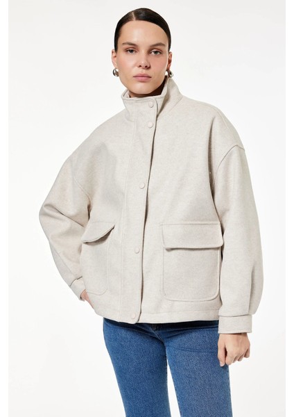 Kadın Koton x Sibil Çetinkaya - Dik Yaka Fermuarlı Cepli Uzun Kollu Kaşe Ceket 6WAK20369EW