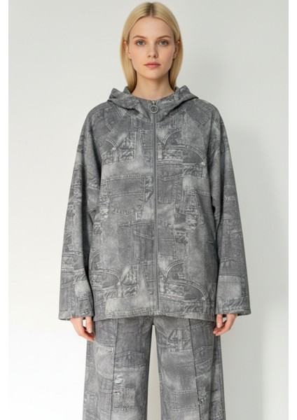 Kadın Gri Yamalı Desenli Oversize Cepli Fermuarlı Kapüşonlu Ince Ceket - Kadın Ceket
