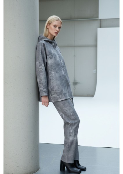 Kadın Gri Yamalı Desenli Oversize Cepli Fermuarlı Kapüşonlu Ince Ceket - Kadın Ceket fiyatları