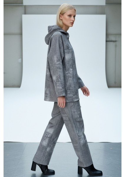 Kadın Gri Yamalı Desenli Oversize Cepli Fermuarlı Kapüşonlu Ince Ceket - Kadın Ceket modelleri