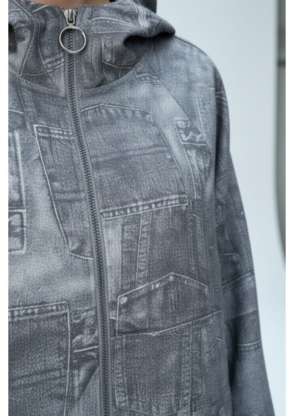 Kadın Gri Yamalı Desenli Oversize Cepli Fermuarlı Kapüşonlu Ince Ceket - Kadın Ceket fırsatları