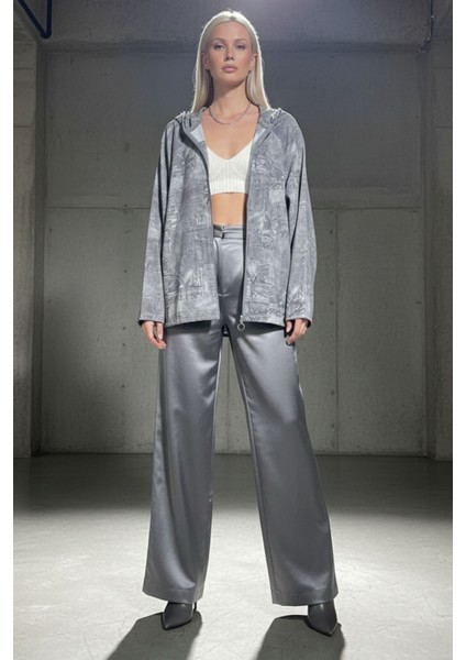 Kadın Gri Yamalı Desenli Oversize Cepli Fermuarlı Kapüşonlu Ince Ceket - Kadın Ceket indirimleri