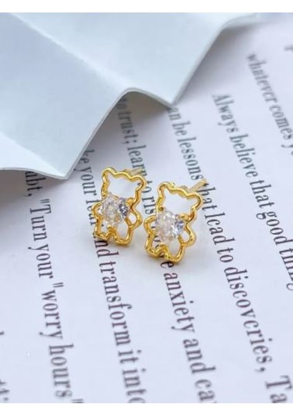 Altın Rengi Taşlı Ayıcık Küpe-Kc Altın Kaplama