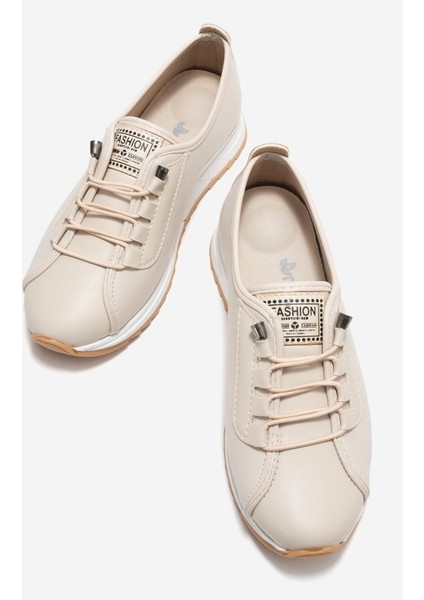 Yumuşak Tabanlı Lastik Bağcıklı Kadın Ayakkabı Bej Cilt indirimleri