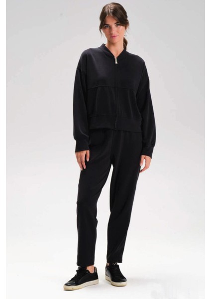 Kadın Uzun Kol Fermuarlı Düz Paça Siyah Eşofman Takım C8T3N1