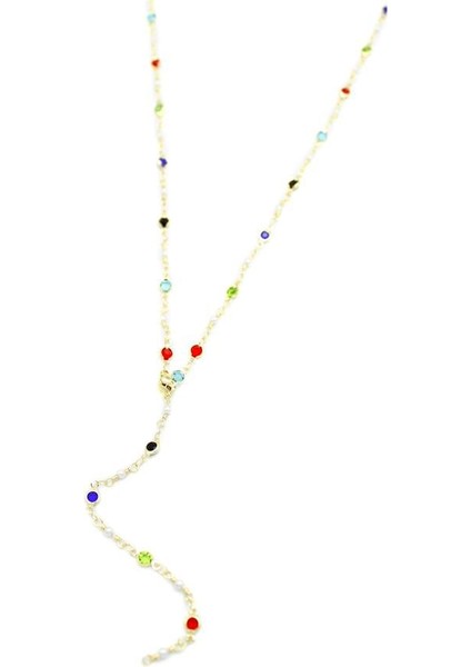 Renkli Taşlı Y Kolye - Altın