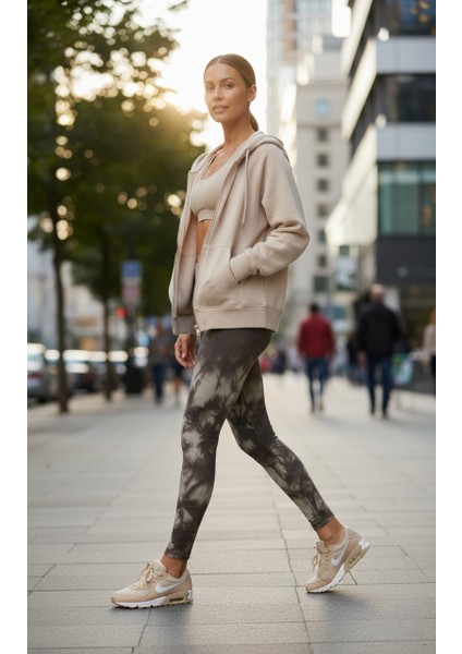 Kadın Yüksek Bel Bağlama Desenli Spor Tayt – Bordo ve Haki