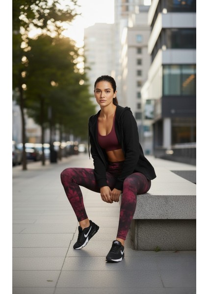 Kadın Yüksek Bel Bağlama Desenli Spor Tayt – Bordo ve Haki fiyatları