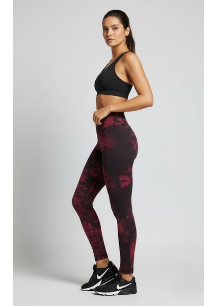 Kadın Yüksek Bel Bağlama Desenli Spor Tayt – Bordo ve Haki modelleri