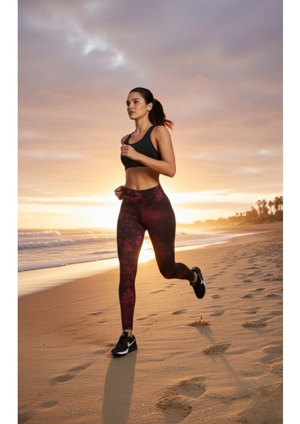 Kadın Yüksek Bel Bağlama Desenli Spor Tayt – Bordo ve Haki indirimleri