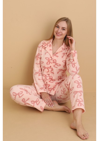 Fwn 1608 Boydan Düğmeli Polar Kumaşlı Kışlık Kadın Pijama Takımı