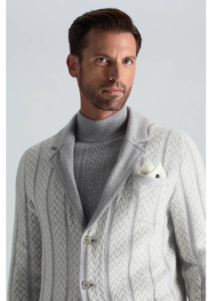 Kaşmir-Ipek-Yün Karışım M Desenli Açık Gri Triko Blazer Ceket