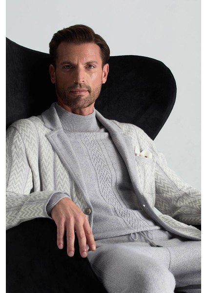 Kaşmir-Ipek-Yün Karışım M Desenli Açık Gri Triko Blazer Ceket modelleri