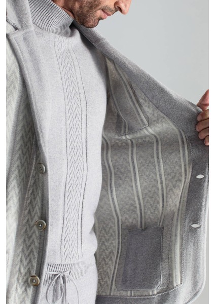Kaşmir-Ipek-Yün Karışım M Desenli Açık Gri Triko Blazer Ceket fırsatları