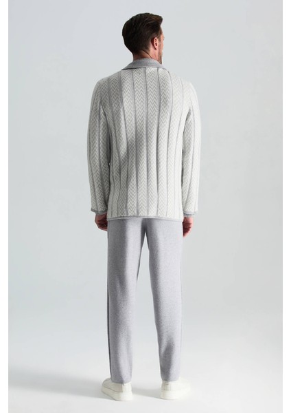 Kaşmir-Ipek-Yün Karışım M Desenli Açık Gri Triko Blazer Ceket indirimleri