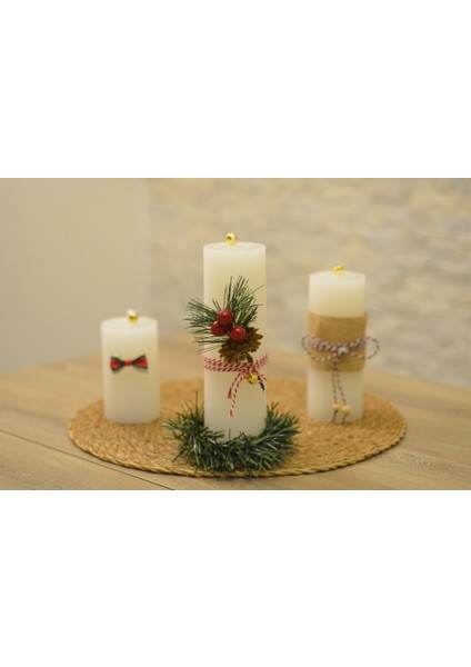 Yılbaşı Temalı Dekoratif Silindir Mum Seti (3’lü) – 10CM / 15CM / 20CM – Uzun Yanış Süreli fırsatları