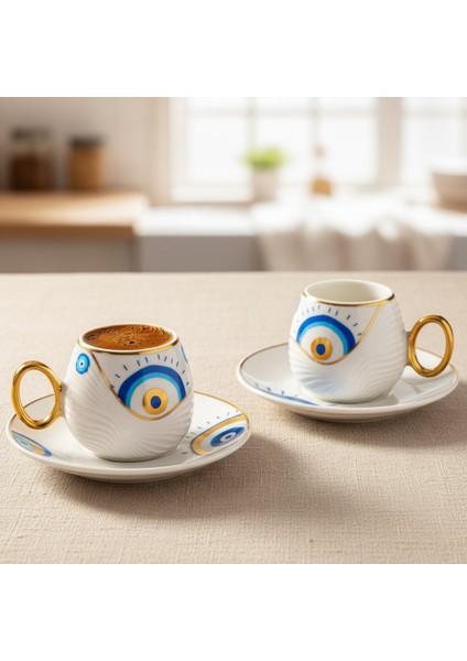 Evil Eye Nazar Boncuğu Desenli 6 Kişilik Porselen Kahve Fincan Takımı