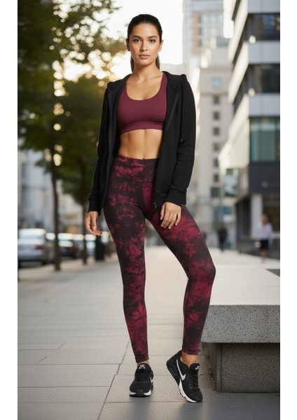 Kadın Yüksek Bel Bağlama Desenli Spor Tayt – Bordo ve Haki