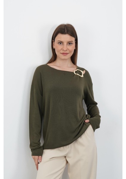 Yaka Metalli Uzun Kol Triko-Haki