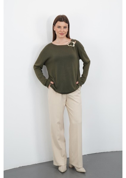 Yaka Metalli Uzun Kol Triko-Haki fiyatları