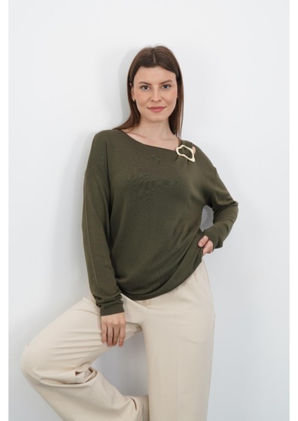 Yaka Metalli Uzun Kol Triko-Haki