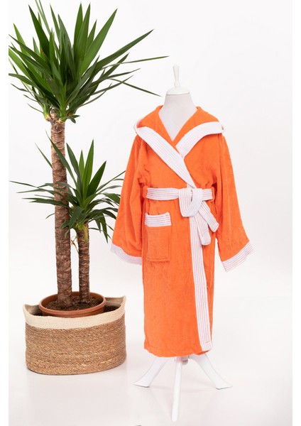 Kapşonlu Kız Erkek Lüx Kadife Çocuk Bornozu Turuncu