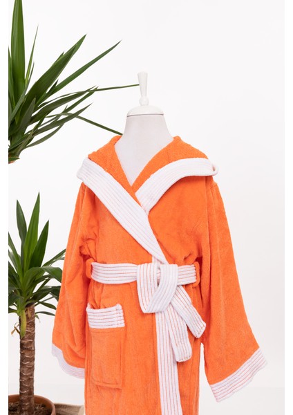 Kapşonlu Kız Erkek Lüx Kadife Çocuk Bornozu Turuncu modelleri