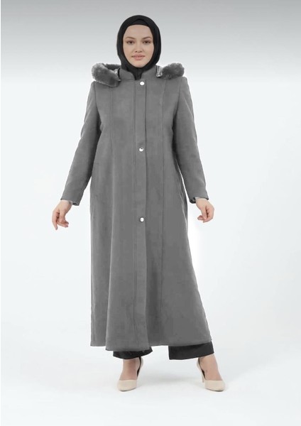 Çakıl Kadın Büyük Beden Astarlı Tesettür Kapüşonlu Düğmeli Kaşe Manto fiyatları