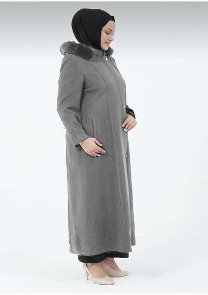 Çakıl Kadın Büyük Beden Astarlı Tesettür Kapüşonlu Düğmeli Kaşe Manto modelleri