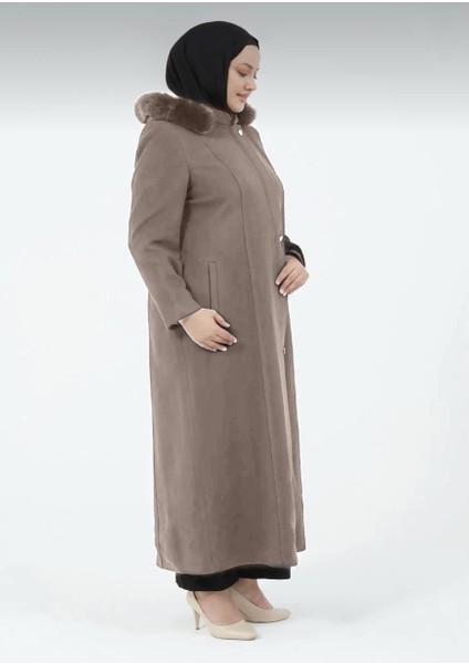 Çakıl Kadın Büyük Beden Astarlı Tesettür Kapüşonlu Düğmeli Kaşe Manto fiyatları
