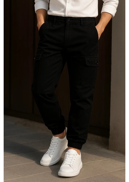 Erkek Trend Günlük Lastikli Siyah Taktik Kargo Pantolon