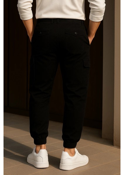 Erkek Trend Günlük Lastikli Siyah Taktik Kargo Pantolon