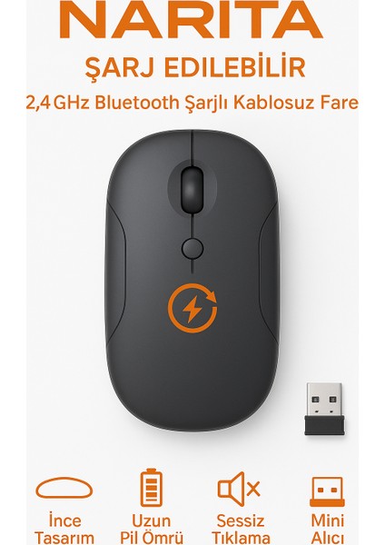 NRT-180 Şarj Edilebilir Sessiz Bluetooth Kablosuz Mouse – 2.4 Ghz, Uzun Pil Ömrü, Ince Tasarım