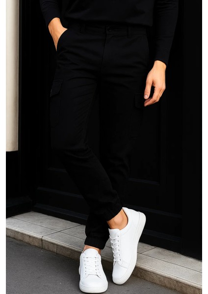 Erkek Günlük Trend Lastikli Siyah Kargo Pantolon modelleri