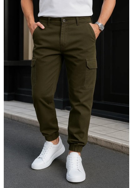 Erkek Günlük Trend Lastikli Haki Kargo Pantolon