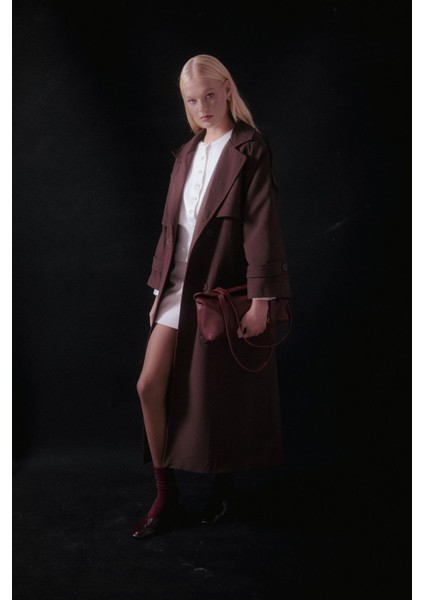 Çift Düğmeli Uzun Trenç Acı Kahve