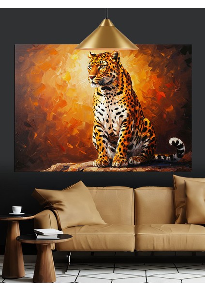 Oturan Leopar Siyah Arka Plan Dekoratif Kanvas - Mdf Ahşap Tablo