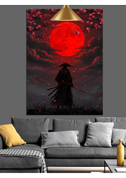 Siyah Siluet Kırmızı Ayın Önünde Dekoratif Kanvas - Mdf Ahşap Tablo