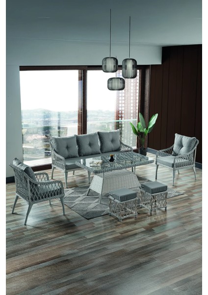 Rattan Joy Bahçe Mobilyası 3+1+1+Camlı Masa Gri- Kemik- Cappucino - B&n Garden