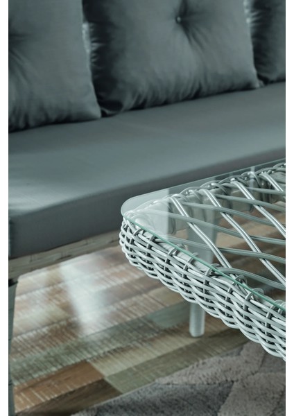 Rattan Joy Bahçe Mobilyası 3+1+1+Camlı Masa Gri- Kemik- Cappucino - B&n Garden fırsatları