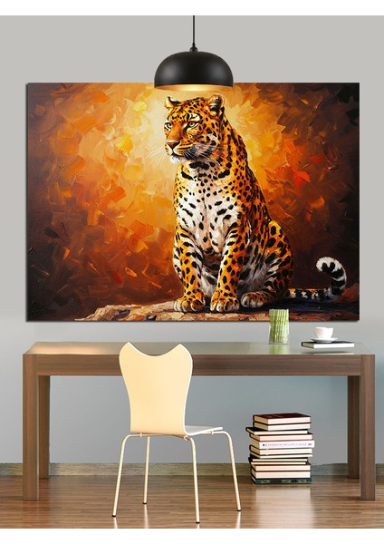 Oturan Leopar Siyah Arka Plan Dekoratif Kanvas - Mdf Ahşap Tablo fırsatları