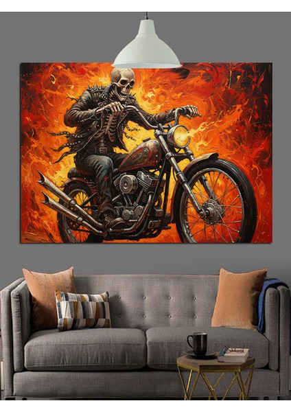 Motosiklet Süren Deri Ceketli Iskelet Dekoratif Kanvas - Mdf Ahşap Tablo