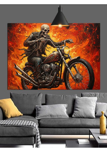 Motosiklet Süren Deri Ceketli Iskelet Dekoratif Kanvas - Mdf Ahşap Tablo indirimleri