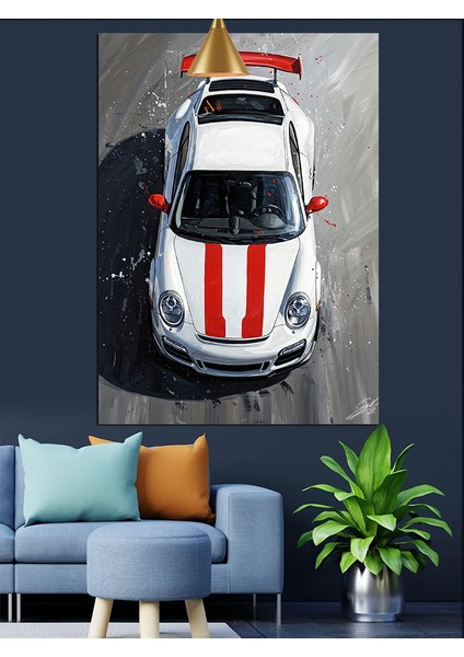 Beyaz Spor Araba Kuş Bakışı Görünümü Dekoratif Kanvas - Mdf Ahşap Tablo
