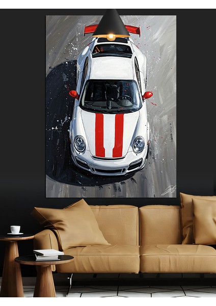 Beyaz Spor Araba Kuş Bakışı Görünümü Dekoratif Kanvas - Mdf Ahşap Tablo fiyatları